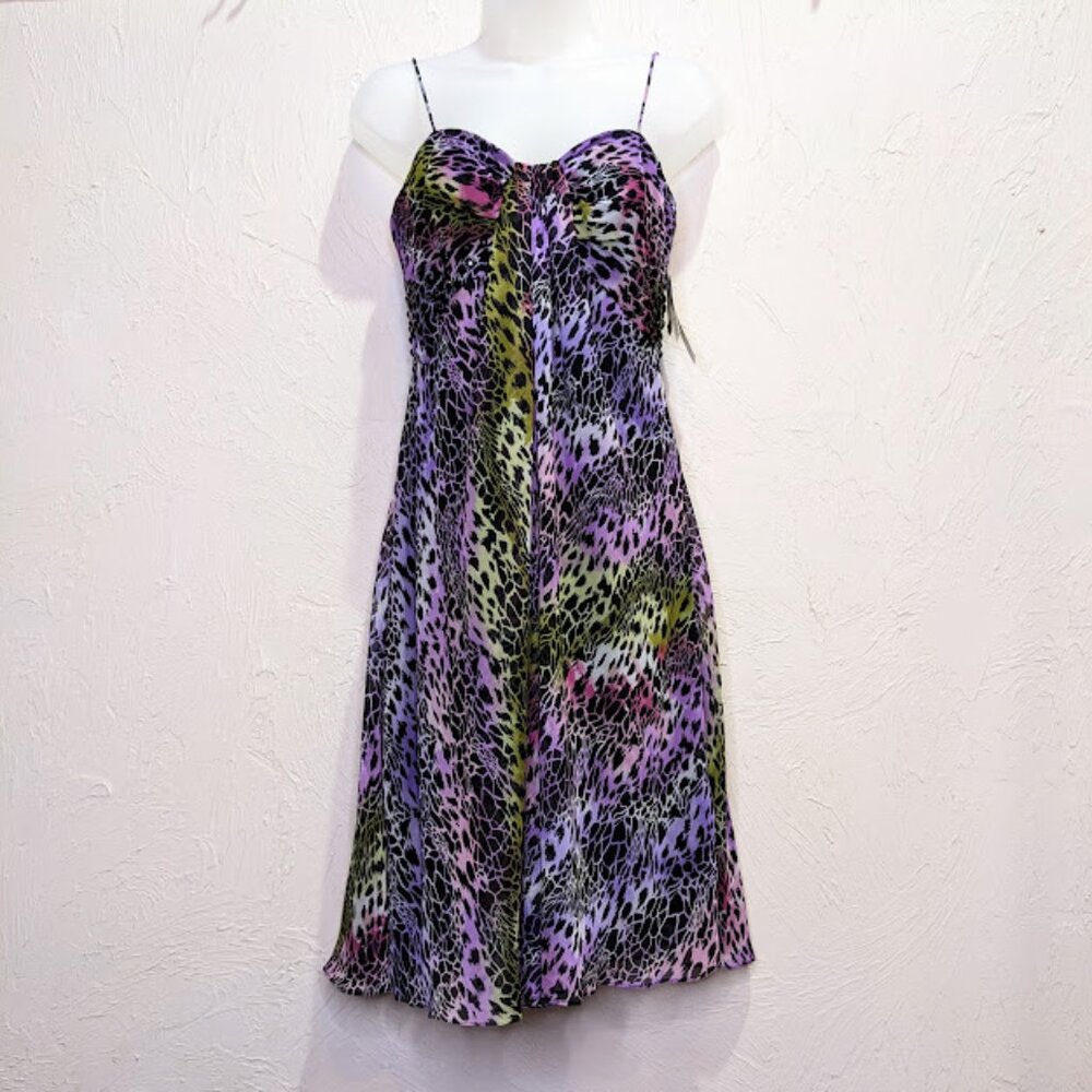 Alex and Eve Cocktail Dress Womens 4 Animal Print Rainbow Formal Lisa Frank Midi